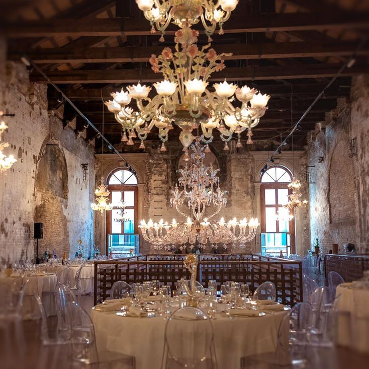 A small wedding venue: dining under the Glass chandelier